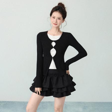 FA46426# 拼接假两件长袖针织衫女秋季新款修身内搭波点打底衫上衣 服裝批發女裝批發服飾貨源