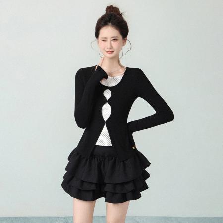 FA46426# 拼接假两件长袖针织衫女秋季新款修身内搭波点打底衫上衣 服裝批發女裝批發服飾貨源