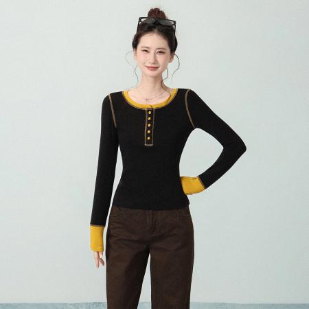 FA46427# 设计感黑色圆领拼接长袖T恤女秋季高级收腰修身上衣 服裝批發女裝批發服飾貨源