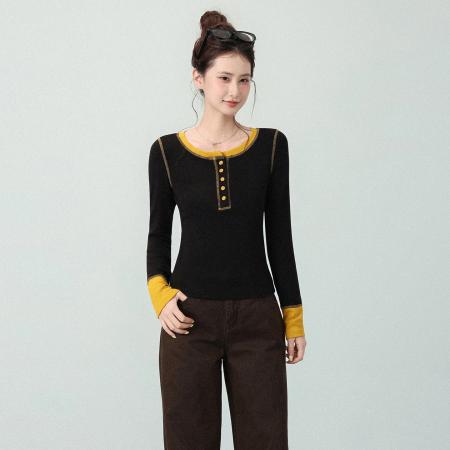 FA46427# 设计感黑色圆领拼接长袖T恤女秋季高级收腰修身上衣 服裝批發女裝批發服飾貨源