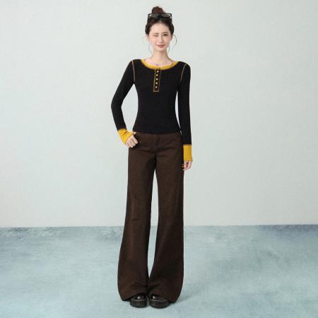 FA46427# 设计感黑色圆领拼接长袖T恤女秋季高级收腰修身上衣 服裝批發女裝批發服飾貨源