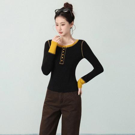 FA46427# 设计感黑色圆领拼接长袖T恤女秋季高级收腰修身上衣 服裝批發女裝批發服飾貨源