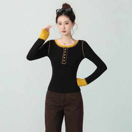 FA46427# 设计感黑色圆领拼接长袖T恤女秋季高级收腰修身上衣 服裝批發女裝批發服飾貨源