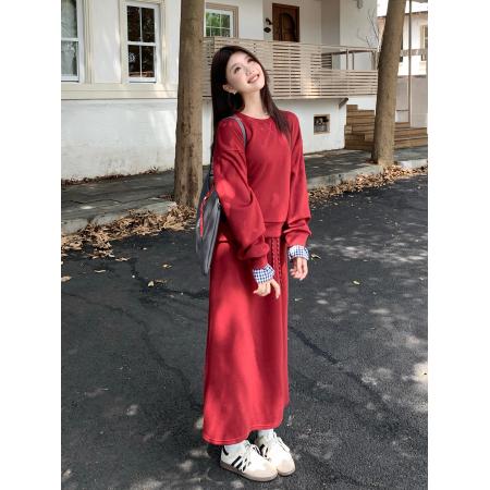 FA46428# 大码美式复古灰色运动套装上衣+半身裙两件套 服裝批發女裝批發服飾貨源