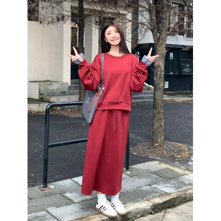 FA46428# 大码美式复古灰色运动套装上衣+半身裙两件套 服裝批發女裝批發服飾貨源