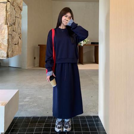 FA46428# 大码美式复古灰色运动套装上衣+半身裙两件套 服裝批發女裝批發服飾貨源