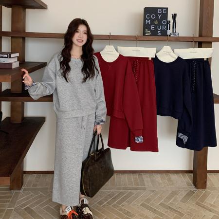 FA46428# 大码美式复古灰色运动套装上衣+半身裙两件套 服裝批發女裝批發服飾貨源