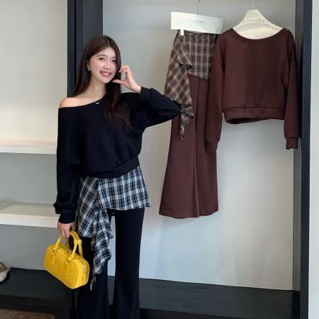 FA46429# 大码高级感斜肩卫衣女复古胖MM高腰微喇裤套装 服裝批發女裝批發服飾貨源