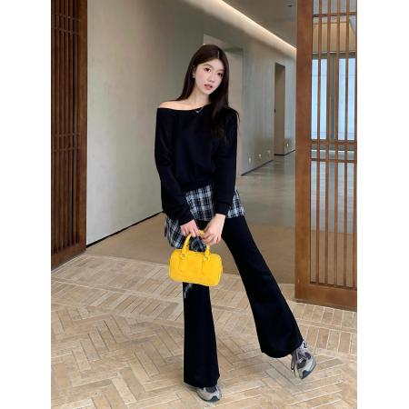 FA46429# 大码高级感斜肩卫衣女复古胖MM高腰微喇裤套装 服裝批發女裝批發服飾貨源