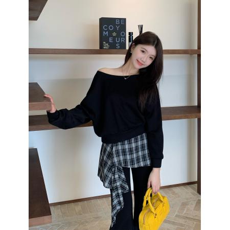 FA46429# 大码高级感斜肩卫衣女复古胖MM高腰微喇裤套装 服裝批發女裝批發服飾貨源