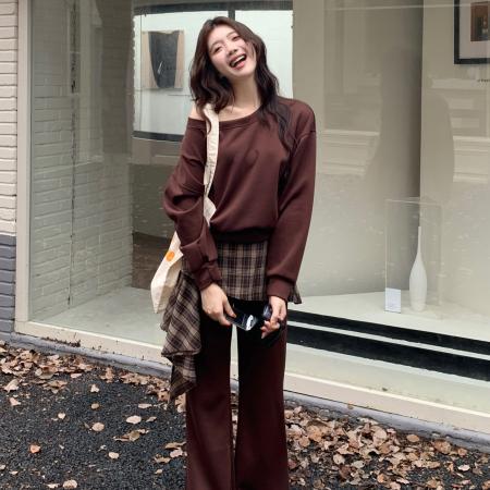 FA46429# 大码高级感斜肩卫衣女复古胖MM高腰微喇裤套装 服裝批發女裝批發服飾貨源