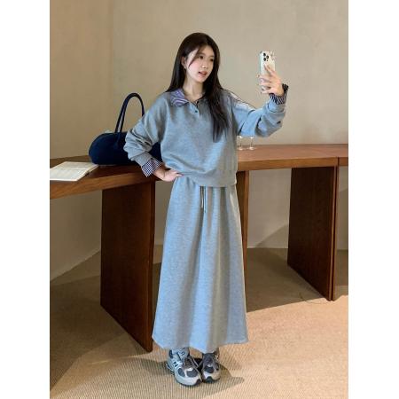 FA46431# 大码韩系学院风减龄套装拼接卫衣半身裙两件套 服裝批發女裝批發服飾貨源