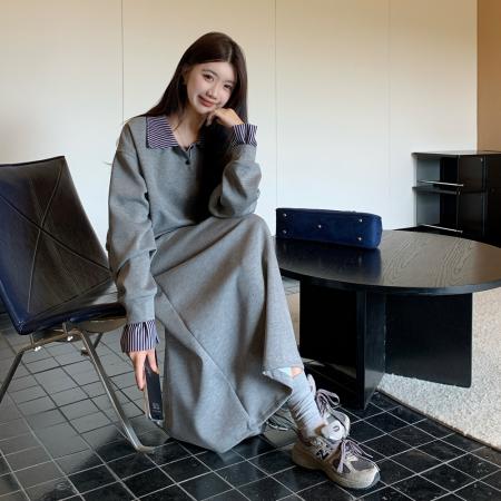 FA46431# 大码韩系学院风减龄套装拼接卫衣半身裙两件套 服裝批發女裝批發服飾貨源