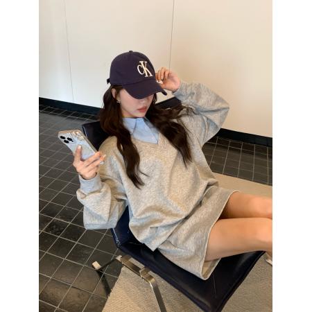 FA46432# 大码假两件卫衣+半身裙polo领上衣两件套学院套装 服裝批發女裝批發服飾貨源