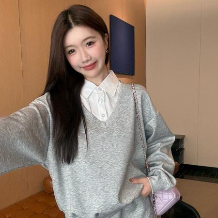 FA46432# 大码假两件卫衣+半身裙polo领上衣两件套学院套装 服裝批發女裝批發服飾貨源