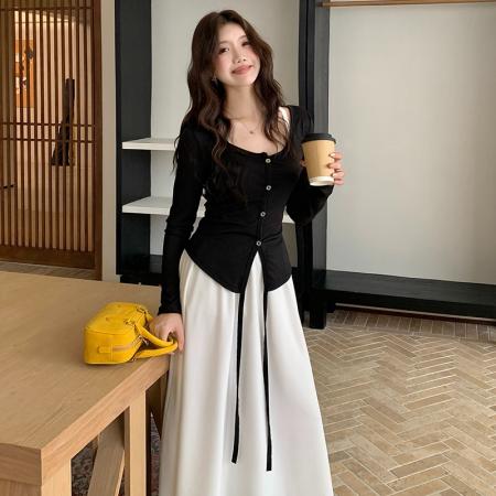 FA46433# 两件套大码法式温柔风白色吊带连衣裙子套装长裙 服裝批發女裝批發服飾貨源