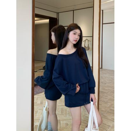 FA46435# 大码两件套美式慵懒斜肩卫衣新款松弛感甜辣妹上衣 服裝批發女裝批發服飾貨源