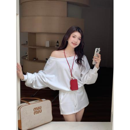 FA46435# 大码两件套美式慵懒斜肩卫衣新款松弛感甜辣妹上衣 服裝批發女裝批發服飾貨源
