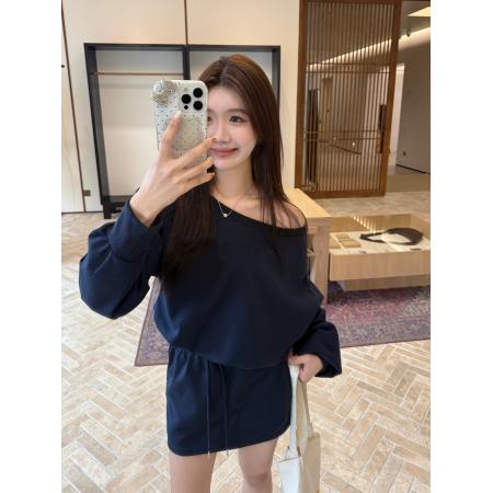 FA46435# 大码两件套美式慵懒斜肩卫衣新款松弛感甜辣妹上衣 服裝批發女裝批發服飾貨源