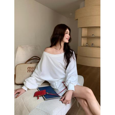 FA46435# 大码两件套美式慵懒斜肩卫衣新款松弛感甜辣妹上衣 服裝批發女裝批發服飾貨源