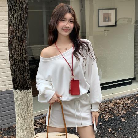 FA46435# 大码两件套美式慵懒斜肩卫衣新款松弛感甜辣妹上衣 服裝批發女裝批發服飾貨源