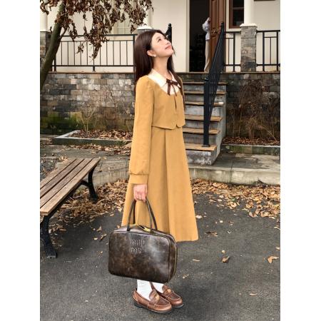 FA46437# 大码学院风收腰假两件高级感灯芯绒连衣裙蝴蝶结裙 服裝批發女裝批發服飾貨源