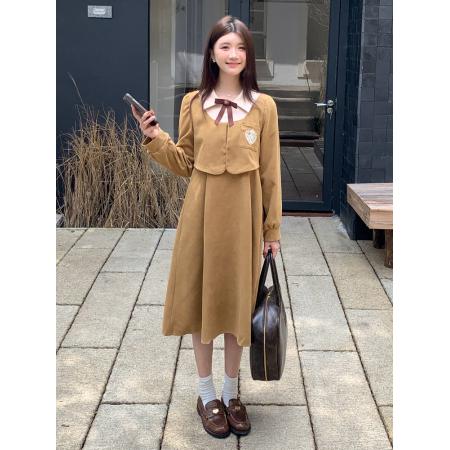 FA46437# 大码学院风收腰假两件高级感灯芯绒连衣裙蝴蝶结裙 服裝批發女裝批發服飾貨源