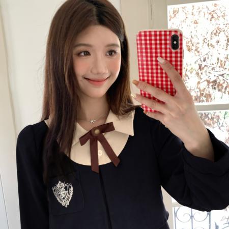 FA46437# 大码学院风收腰假两件高级感灯芯绒连衣裙蝴蝶结裙 服裝批發女裝批發服飾貨源