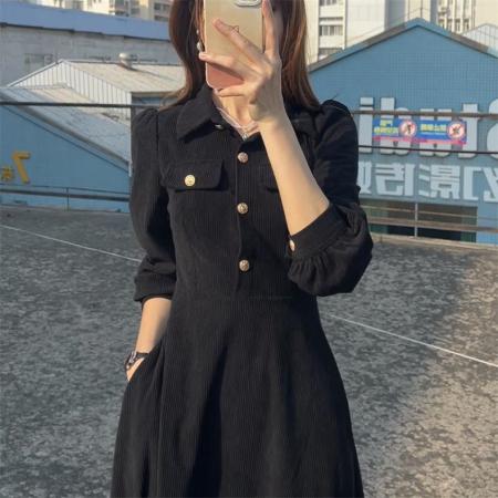 FA46438# 大码赫本风茶歇法式灯芯绒长袖连衣裙 服裝批發女裝批發服飾貨源