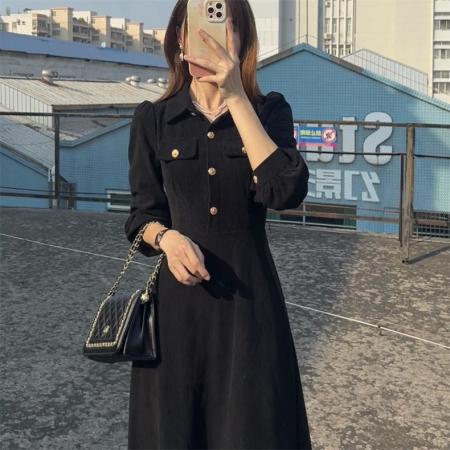 FA46438# 大码赫本风茶歇法式灯芯绒长袖连衣裙 服裝批發女裝批發服飾貨源