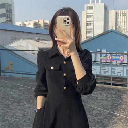 FA46438# 大码赫本风茶歇法式灯芯绒长袖连衣裙 服裝批發女裝批發服飾貨源