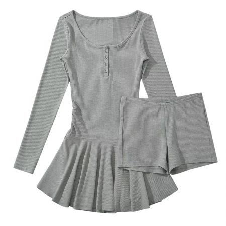 FA46439# 纯欲芭蕾风U领收腰褶皱裙摆长袖连衣裙女高腰两件套短裤套装 服裝批發女裝批發服飾貨源