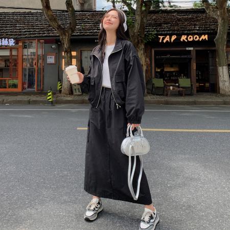 FA46440# 短款夹克外套+抽绳半身裙女秋户外运动工装两件套装 服裝批發女裝批發服飾貨源