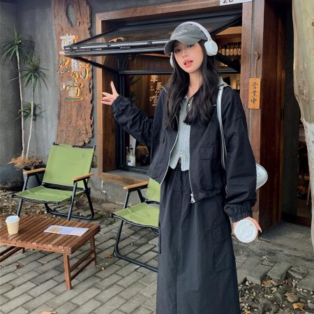 FA46440# 短款夹克外套+抽绳半身裙女秋户外运动工装两件套装 服裝批發女裝批發服飾貨源