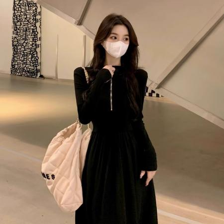 FA46442# 黑色长袖拉链连衣裙女秋冬新款赫本风小众长裙子 服裝批發女裝批發服飾貨源