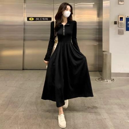 FA46442# 黑色长袖拉链连衣裙女秋冬新款赫本风小众长裙子 服裝批發女裝批發服飾貨源