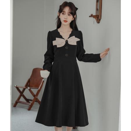 FA46443# 红色蝴蝶结V领连衣裙秋冬新款女装法式复古气质中长裙子 服裝批發女裝批發服飾貨源