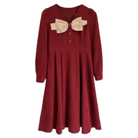 FA46443# 红色蝴蝶结V领连衣裙秋冬新款女装法式复古气质中长裙子 服裝批發女裝批發服飾貨源