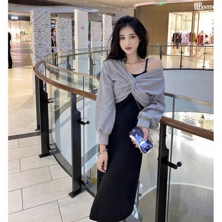 FA46445# 套装扭折卫衣上衣+吊带裙连衣长裙两件套女甜辣裙子 服裝批發女裝批發服飾貨源