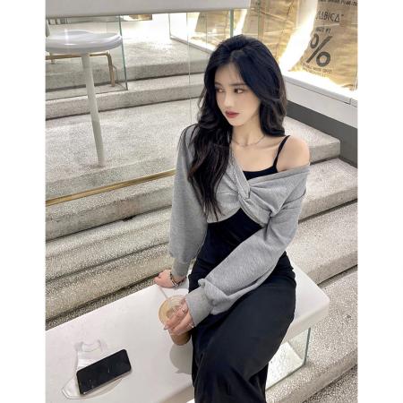 FA46445# 套装扭折卫衣上衣+吊带裙连衣长裙两件套女甜辣裙子 服裝批發女裝批發服飾貨源