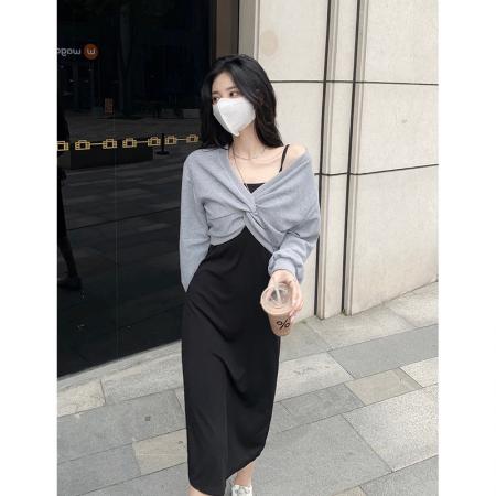 FA46445# 套装扭折卫衣上衣+吊带裙连衣长裙两件套女甜辣裙子 服裝批發女裝批發服飾貨源