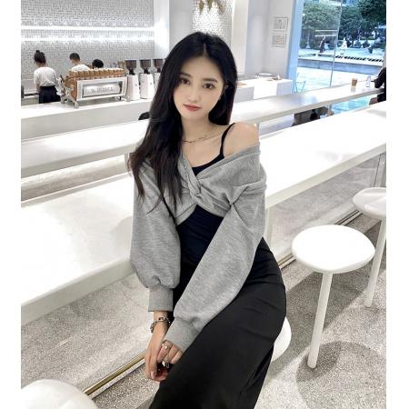 FA46445# 套装扭折卫衣上衣+吊带裙连衣长裙两件套女甜辣裙子 服裝批發女裝批發服飾貨源