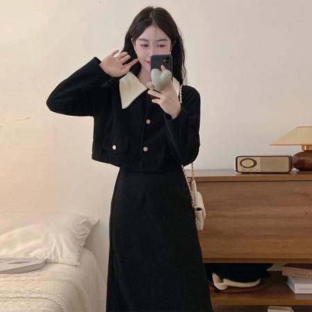 FA46446# 灯芯绒两件套秋冬新款大码胖mm小香风外套+半身长裙套装 服裝批發女裝批發服飾貨源