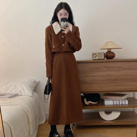 FA46446# 灯芯绒两件套秋冬新款大码胖mm小香风外套+半身长裙套装 服裝批發女裝批發服飾貨源