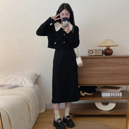 FA46446# 灯芯绒两件套秋冬新款大码胖mm小香风外套+半身长裙套装 服裝批發女裝批發服飾貨源