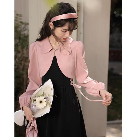 FA46448# 两件套大码法式连衣裙女显瘦气质粉色上衣外套+绑带长裙套装 服裝批發女裝批發服飾貨源