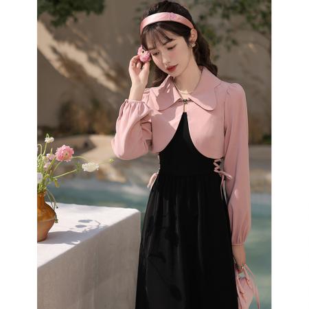 FA46448# 两件套大码法式连衣裙女显瘦气质粉色上衣外套+绑带长裙套装 服裝批發女裝批發服飾貨源