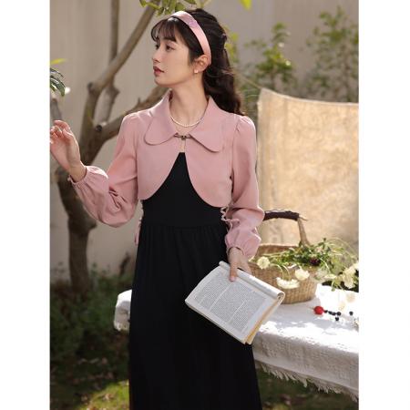 FA46448# 两件套大码法式连衣裙女显瘦气质粉色上衣外套+绑带长裙套装 服裝批發女裝批發服飾貨源