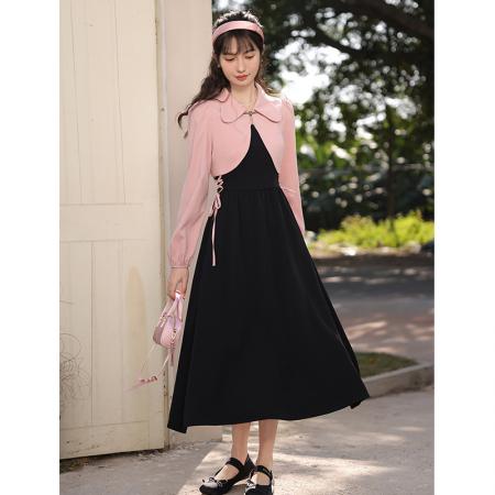 FA46448# 两件套大码法式连衣裙女显瘦气质粉色上衣外套+绑带长裙套装 服裝批發女裝批發服飾貨源