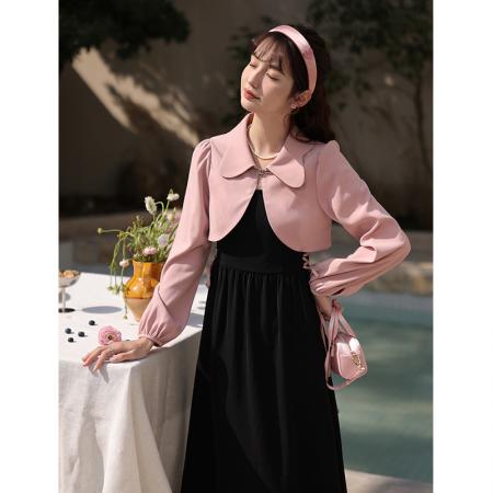 FA46448# 两件套大码法式连衣裙女显瘦气质粉色上衣外套+绑带长裙套装 服裝批發女裝批發服飾貨源